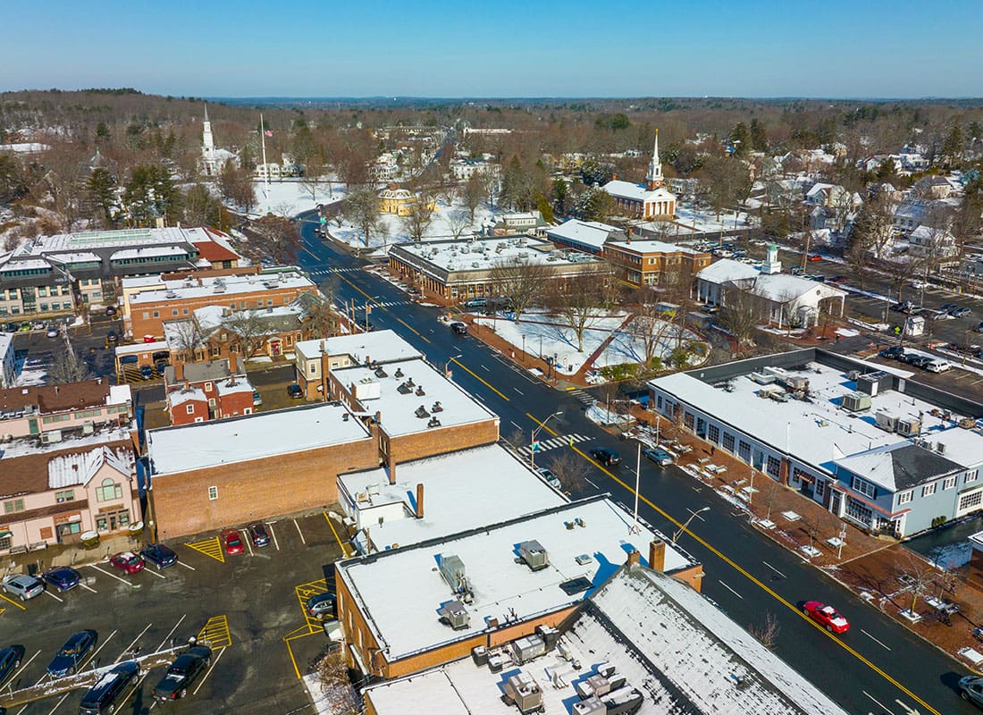 Lexington, MA - Aerial View of Lexington Historic Town Center During Winter